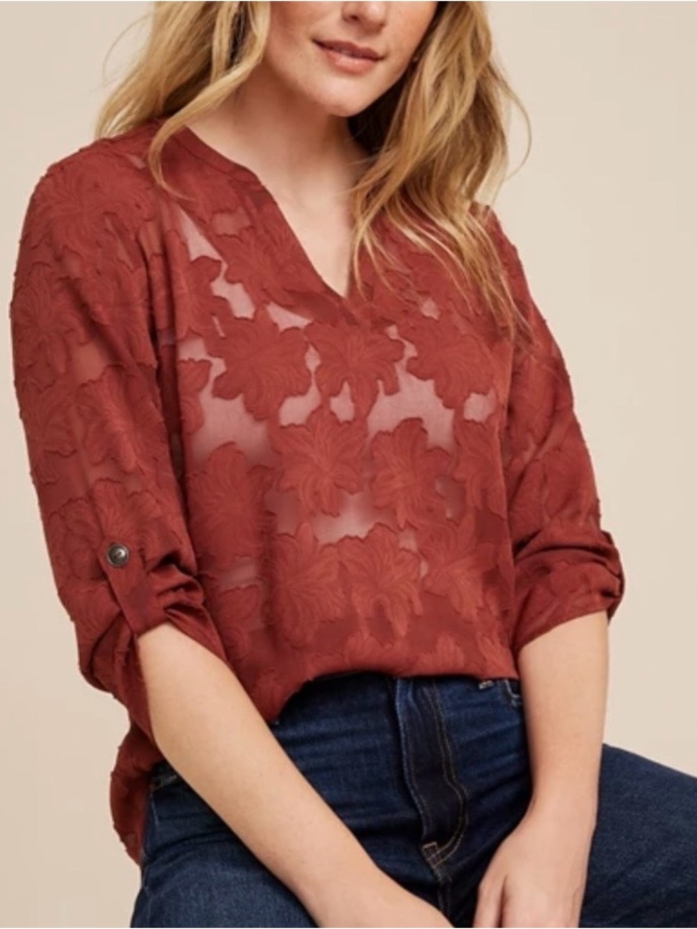 Maurices Atwood Jacquard 3/4 Sleeve Popover Blouse